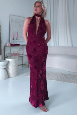 Clearance Tara Floral Jacquard Maxi Dress | Wine Lange Kleider|Maxikleider