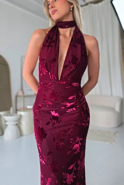 Clearance Tara Floral Jacquard Maxi Dress | Wine Lange Kleider|Maxikleider