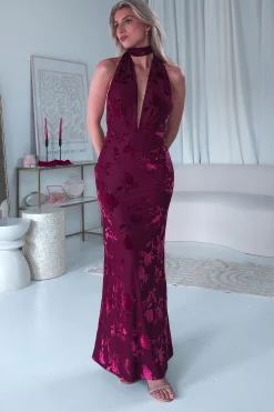 Clearance Tara Floral Jacquard Maxi Dress | Wine Lange Kleider|Maxikleider