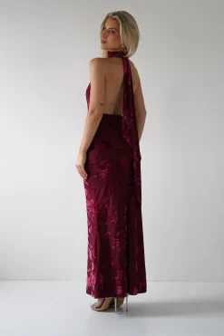 Clearance Tara Floral Jacquard Maxi Dress | Wine Lange Kleider|Maxikleider