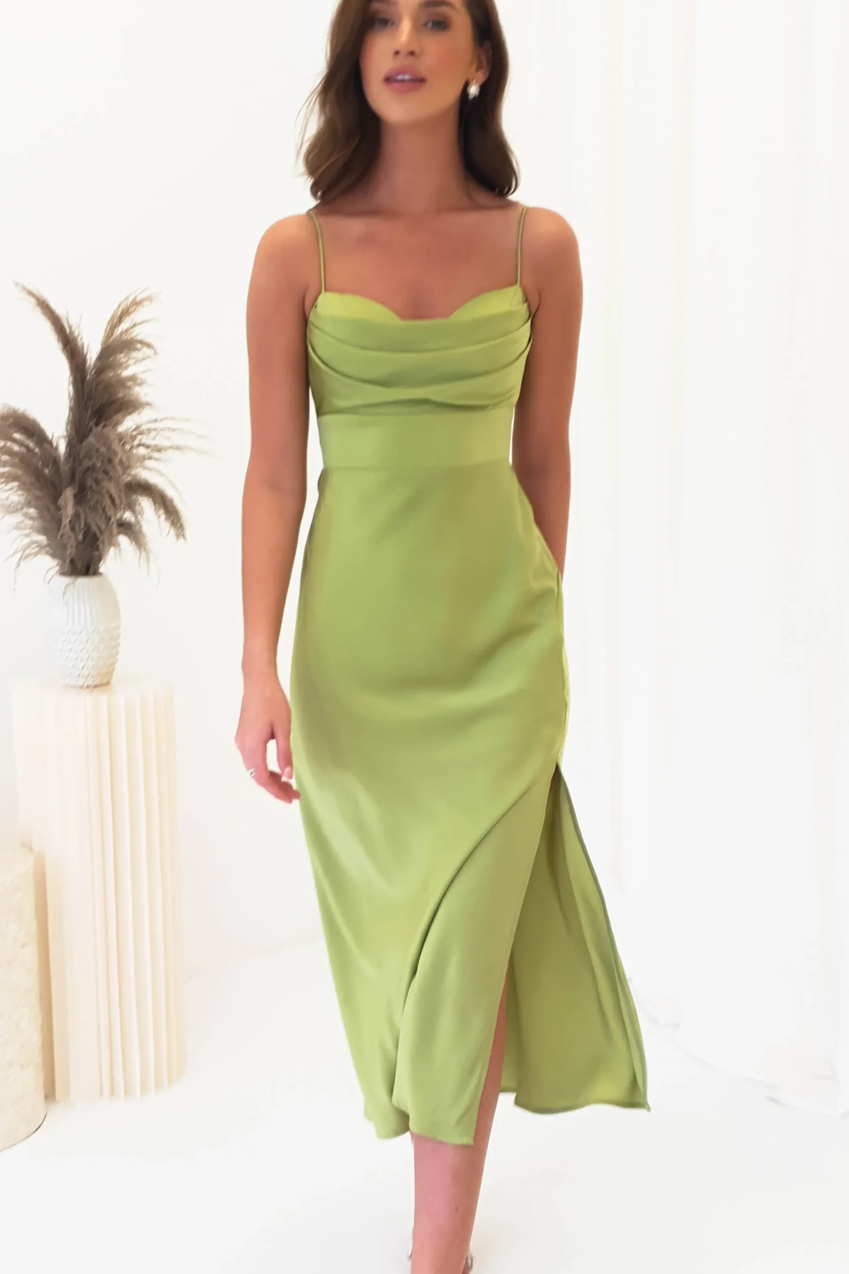 Sale Tegan Satin Midi Dress | Lime Mittellange Kleider|Midi-kleider