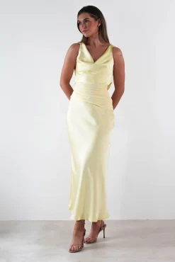 Hot Thea Mesh Midriff Soft Satin Maxi Dress | Yellow Lange Kleider|Maxikleider