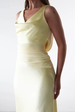 Hot Thea Mesh Midriff Soft Satin Maxi Dress | Yellow Lange Kleider|Maxikleider