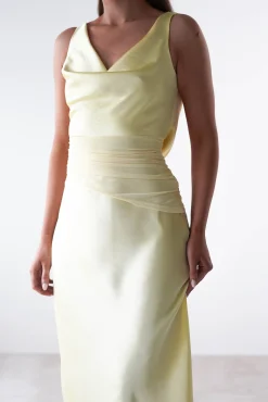 Hot Thea Mesh Midriff Soft Satin Maxi Dress | Yellow Lange Kleider|Maxikleider