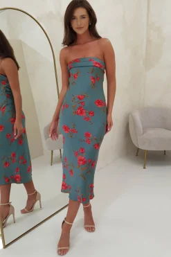 Clearance Valencia Floral Print Strapless Midi Dress | Teal Print Mittellange Kleider|Midi-kleider