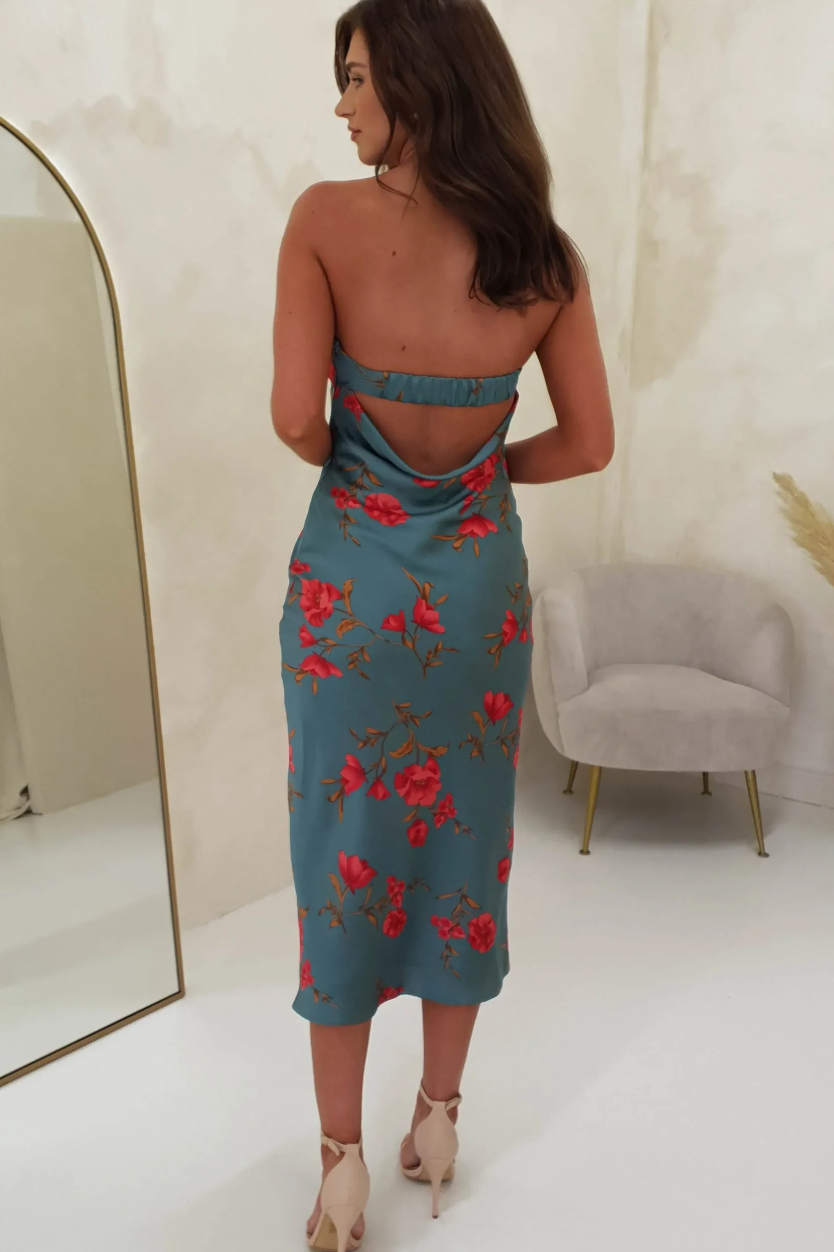 Clearance Valencia Floral Print Strapless Midi Dress | Teal Print Mittellange Kleider|Midi-kleider