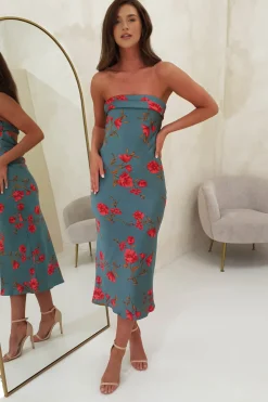 Clearance Valencia Floral Print Strapless Midi Dress | Teal Print Mittellange Kleider|Midi-kleider