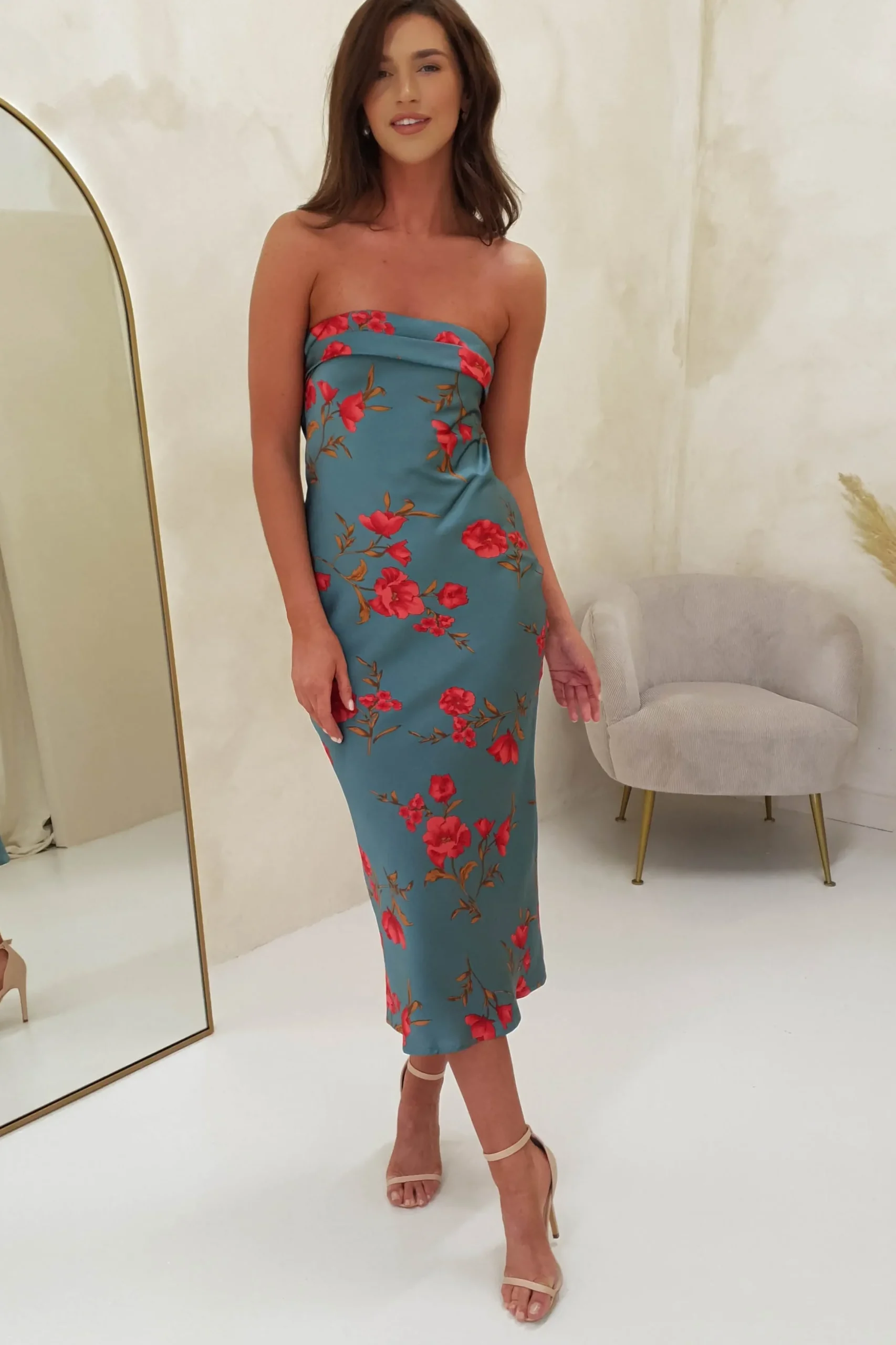 Clearance Valencia Floral Print Strapless Midi Dress | Teal Print Mittellange Kleider|Midi-kleider