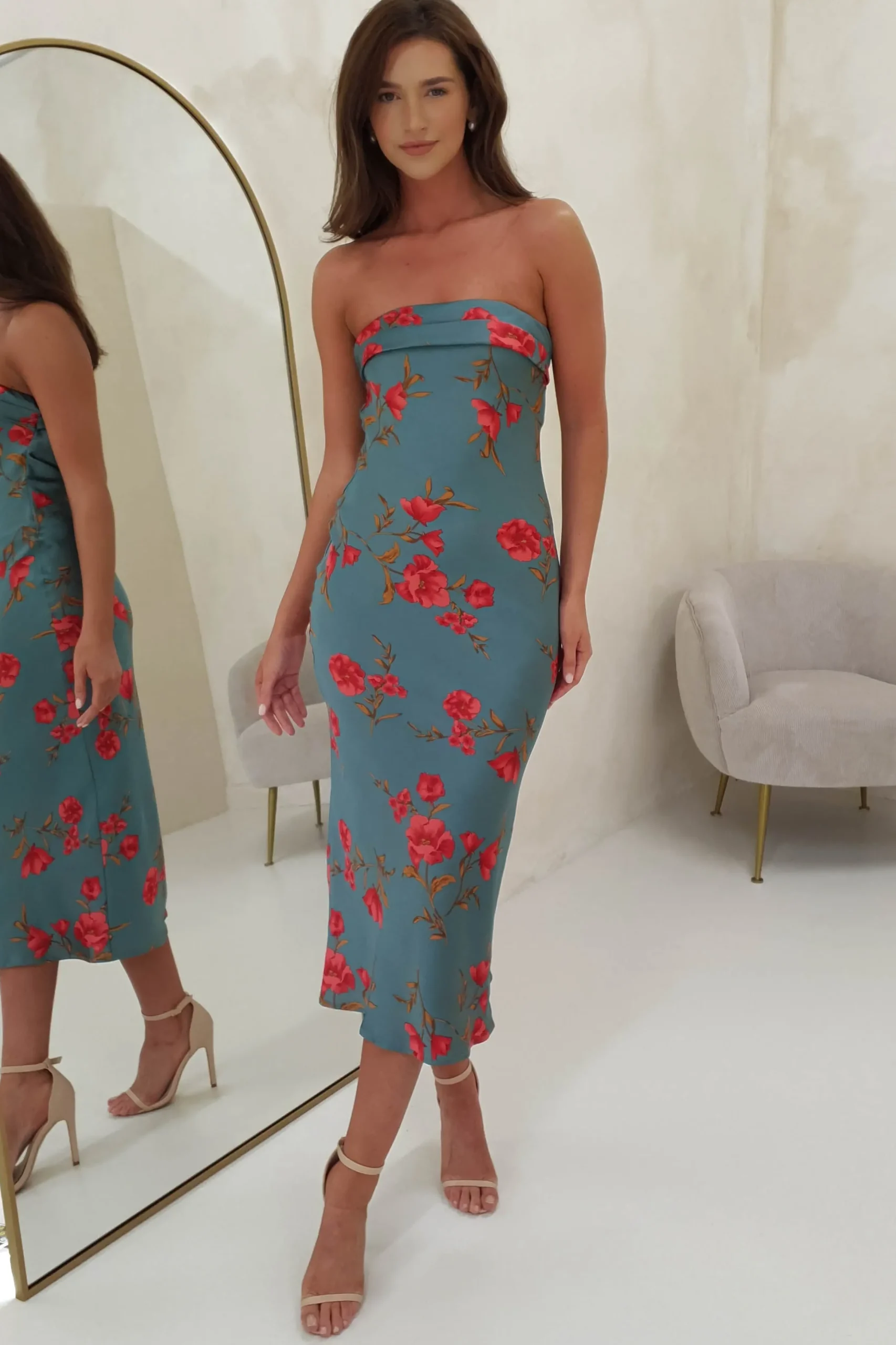 Clearance Valencia Floral Print Strapless Midi Dress | Teal Print Mittellange Kleider|Midi-kleider