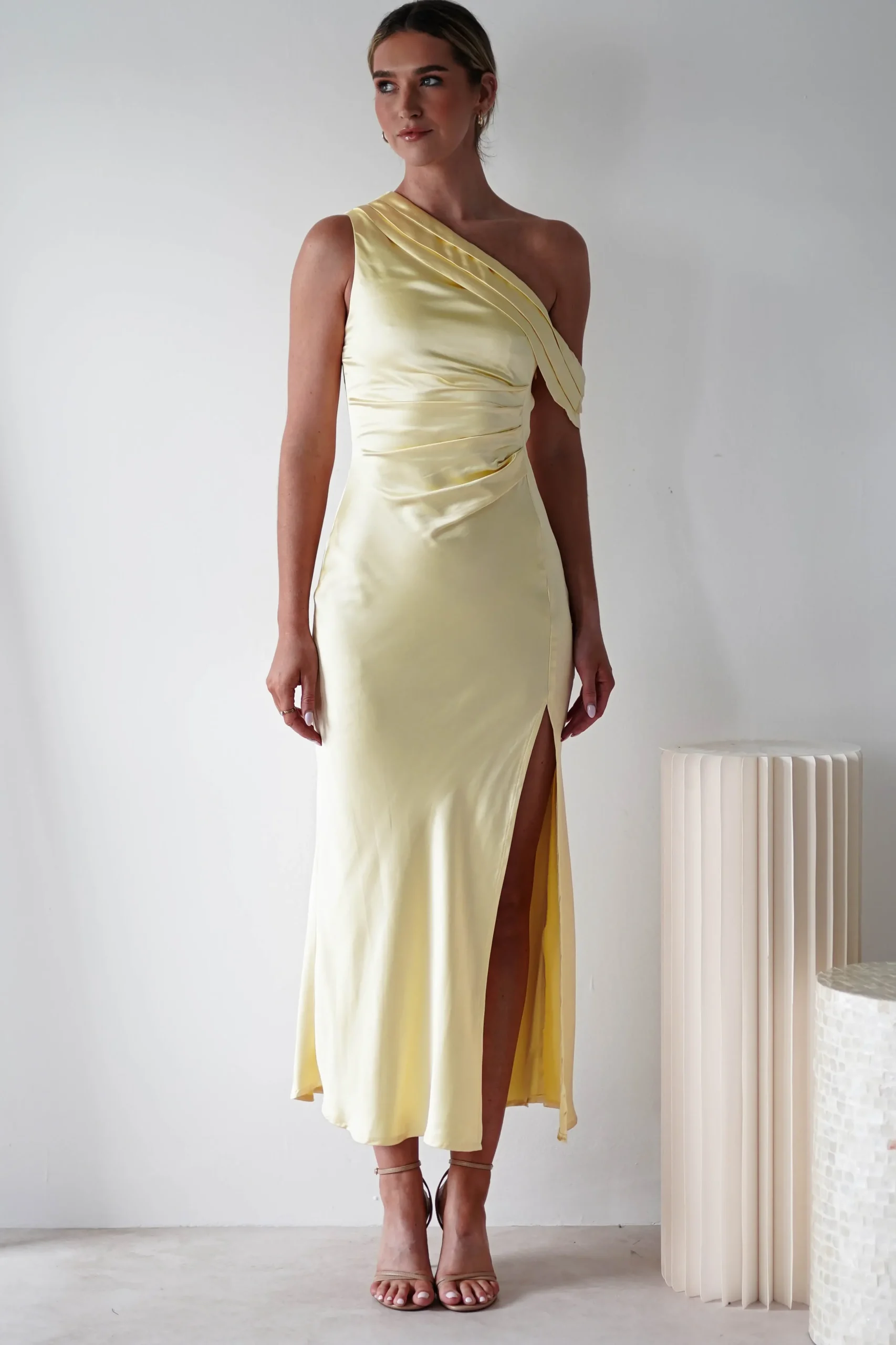 New Zeila Soft Satin Maxi Dress | Yellow Lange Kleider|Maxikleider